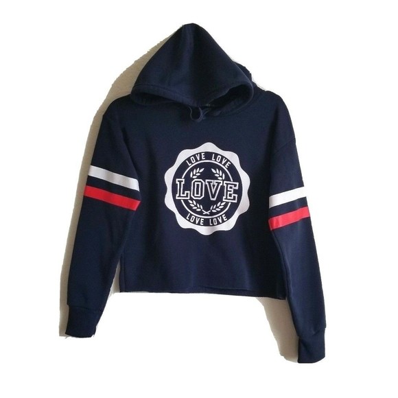 ROMA CONCEPT Blue Crop Hoodie Sweatshirt Women's Unique LOVE By rosee size Med - Picture 2 of 6